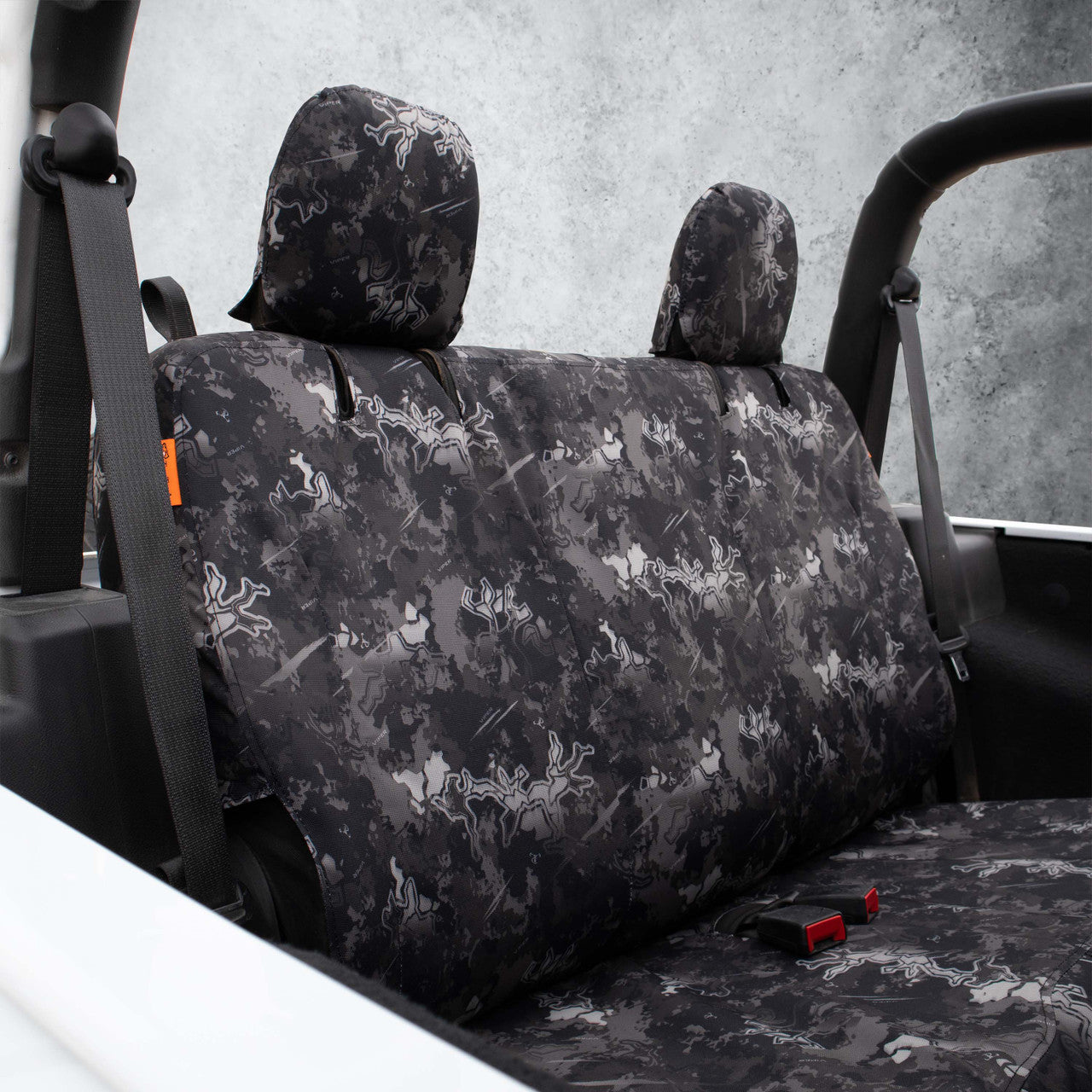 Jeep Wrangler rear seat with TigerTough seat covers in TrueTimber Urban Viper Camo.
